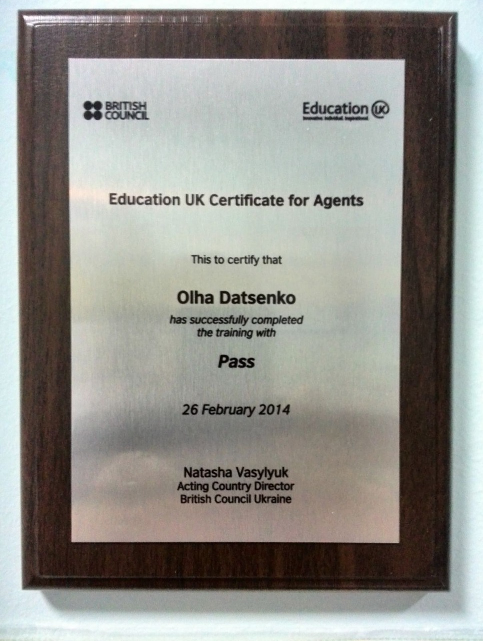 Education UK Certificate for Agents - Olha Datsenko